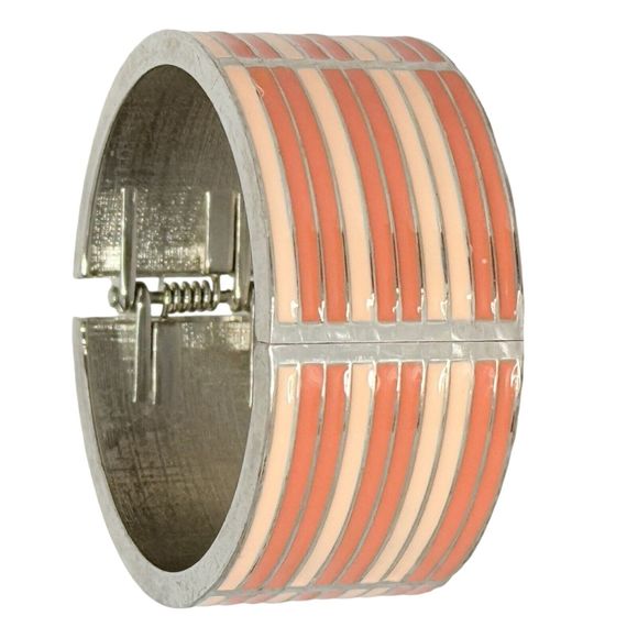 Pink Striped Wide Clamper Bracelet 7"  Silver Tone Bangle - Picture 2 of 10